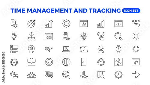 Business and management line icons set. Management icon collection. Project management icon collection. Time management and planning concept. Outline icon set.