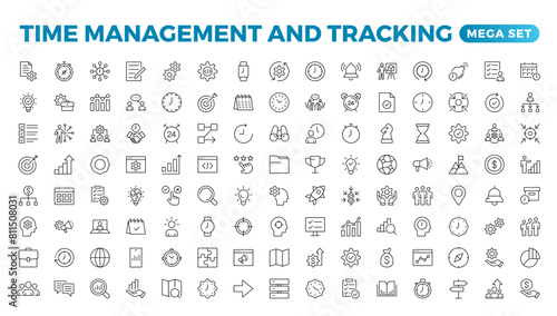 Business and management line icons set. Management icon collection. Project management icon collection. Time management and planning concept. Outline icon set.