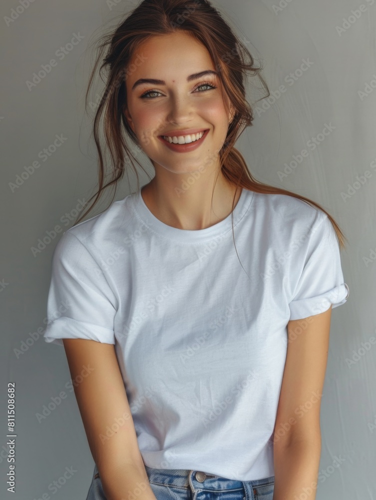 Woman wearing white tshirt mockup created with generative AI Woman wearing white tshirt mockup created with generative AI