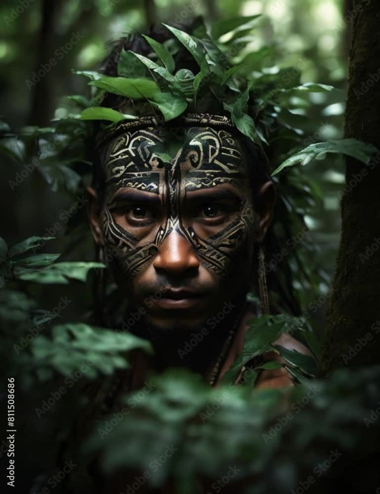 Tribal man camouflaged in the jungle, the tribal chief in the forest, a man with tribal tattoo on his face in the woods behind green trees Generative AI Tribal man camouflaged in the jungle, the tribal chief in the forest, a man with tribal tattoo on his face in the woods behind green trees Generative AI