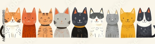 A group of cats of various breeds and colors are sitting in a row on a white background. The cats are all looking at the camera.