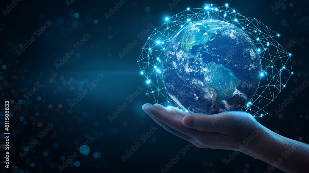 Light blue abstract background. Vector. Stylish futuristic pattern. A wireframe image of human hands and planet Earth. Polygonal mesh. Randomly moving particles. Virtual reality and modern technology. Light blue abstract background. Vector. Stylish futuristic pattern. A wireframe image of human hands and planet Earth. Polygonal mesh. Randomly moving particles. Virtual reality and modern technology.