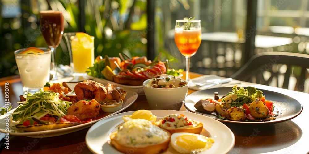table with plates of food and drinks on it, including a salad and a sandwich, and a glass of orange juice table with plates of food and drinks on it, including a salad and a sandwich, and a glass of orange juice