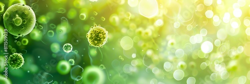 a group of green and yellow cells floating in the air with bubbles