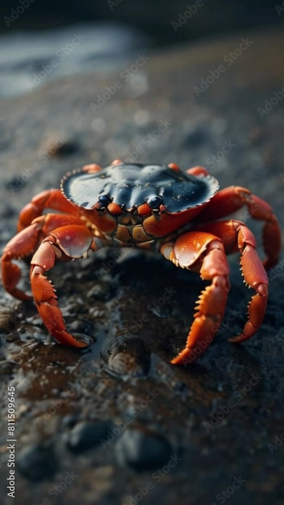 Red crab on a rock on the beach Generative AI Red crab on a rock on the beach Generative AI