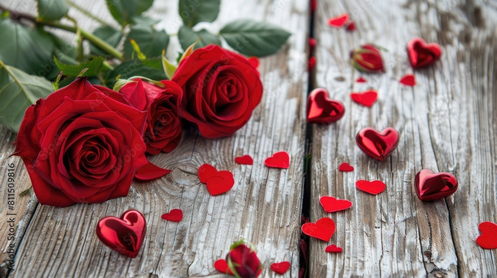Red roses and heart shaped ornaments displayed on a wooden surface