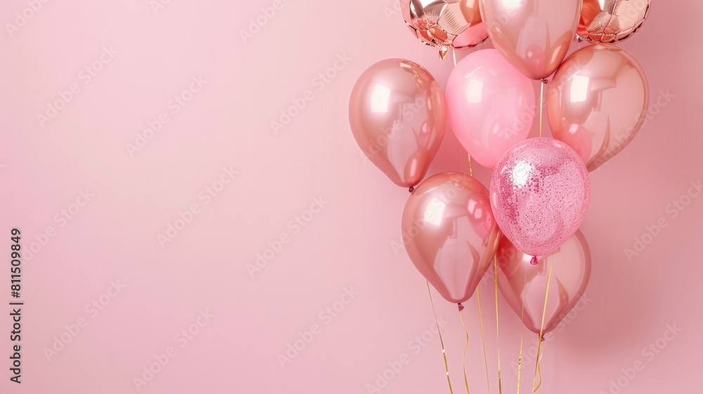 Pink and rose gold balloons on a pink background