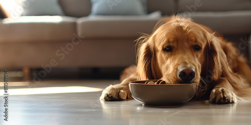 Golden retriever eating food on the plate