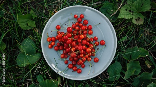 Plate with red mountain ash and chokecherry berries on grass in garden photo