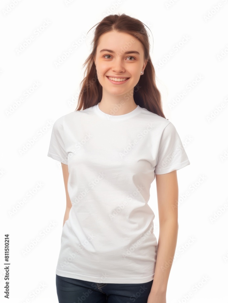 Woman wearing white tshirt mockup created with generative AI Woman wearing white tshirt mockup created with generative AI