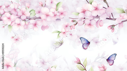 seamless design with watercolor cherry blossoms and butterflies