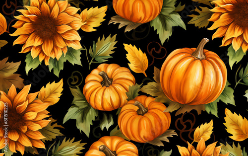 Cozy seamless pattern with watercolor pumpkins
