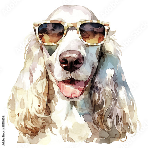 Smiling English Setter With Sun Glasses In Watercolor
