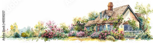 A beautiful watercolor of a quaint cottage surrounded by a blooming garden  capturing the essence of spring  isolated with a white background