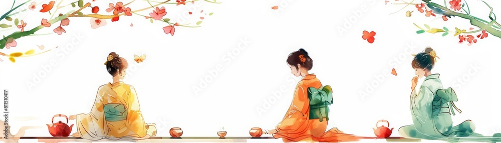 Fototapeta premium A beautiful watercolor of a traditional Japanese tea ceremony, detailed with serene and harmonious movements, simple clipart isolated white background
