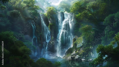 A majestic waterfall plunging into a pool below  surrounded by lush greenery  an awe-inspiring nature wallpaper.