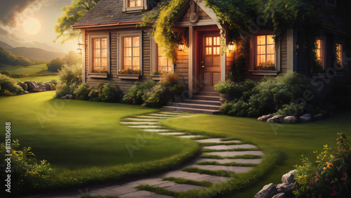 Hyper-realistic cozy home: Lush garden, stone path, warm light. Rolling hills, sunset. Peaceful, comforting, tranquility. © Eye Captures