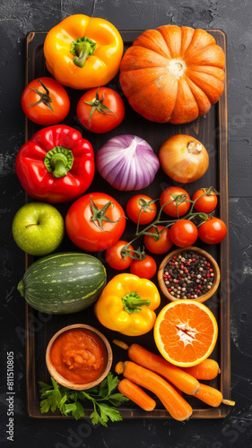 A wooden board with a variety of vegetables and fruits  including carrots