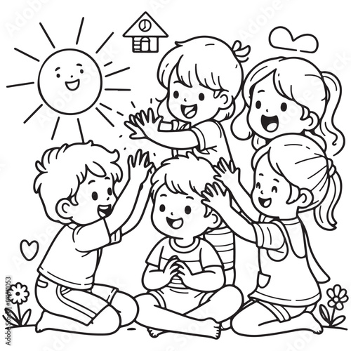 Happy children's day  hand drawn children's playing  coloring page  art © nazmulmallik44