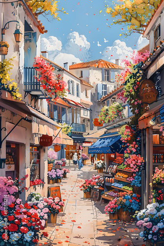 a painting of a street filled with flowers and buildings