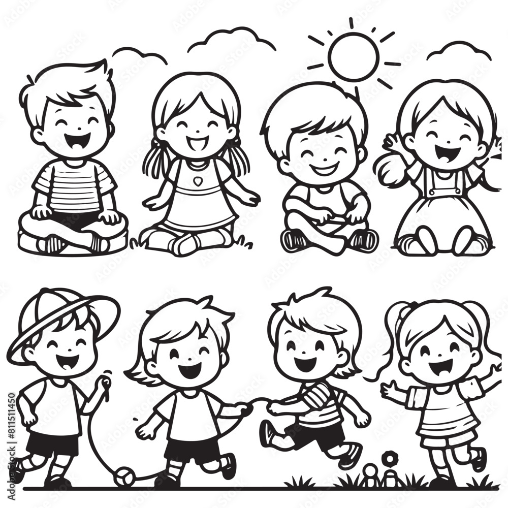 A drawing of children smiling and playing Children's day sketch art coloring page book illustration A drawing of children smiling and playing Children's day sketch art coloring page book illustration