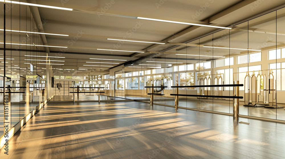 High-ceiling dance studio with mirror tiles, ballet barres, and room for aerials. High-ceiling dance studio with mirror tiles, ballet barres, and room for aerials.
