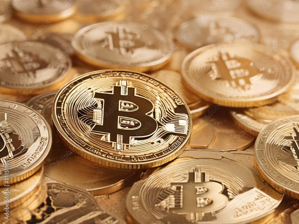 close-up of a gold bitcoin, there are several gold bitcoins on the table close-up of a gold bitcoin, there are several gold bitcoins on the table