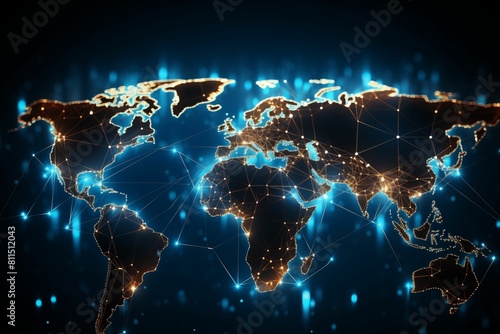 Abstract global network concept with a blue earth and glowing connection lines depicting business data transfer across the world wide web on a dark background. Generative ai