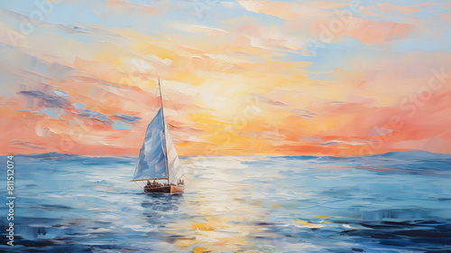 Thick brush strokes impressionistic sailing boat on the sea background poster decorative painting 