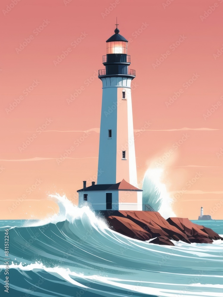 flat illustration of light house and big wave