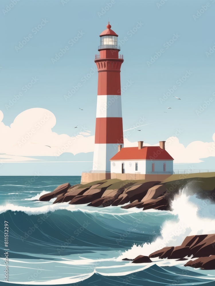 flat illustration of light house and big wave