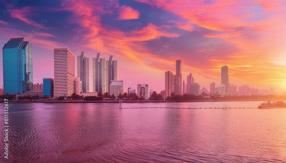 city skyline at sunset, sunset over the city, person in the city, Visualize a person's silhouette in front of a computer, with a vibrant cityscape or coding symbols projected onto the screen