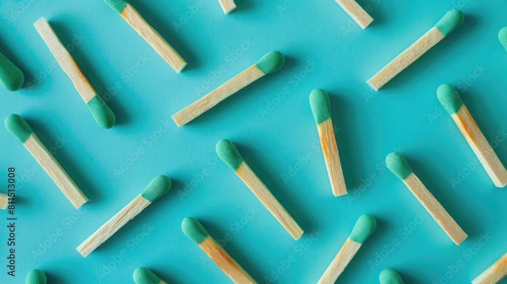 Green matchboxes arranged on a blue background in a horizontal layout Green matchboxes arranged on a blue background in a horizontal layout