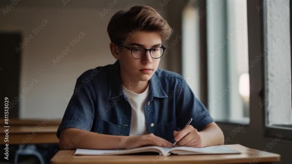 Portrait of a student wearing glass reading and writing in the classroom on his desk, a teenage handsome boy focused on study Generative AI Portrait of a student wearing glass reading and writing in the classroom on his desk, a teenage handsome boy focused on study Generative AI
