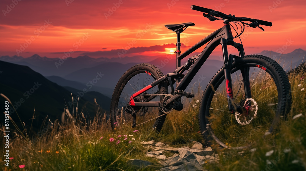 Bicycle in the field with mountains Bicycle in the field with mountains