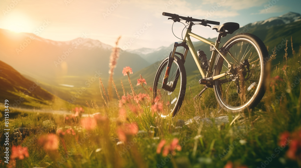 Naklejka premium Bicycle in the field with mountains