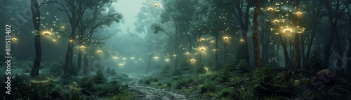 A serene forest path  illuminated by floating  luminescent drones  leading to a hidden  advanced research facility