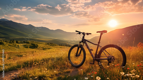 Bicycle in the field with mountains