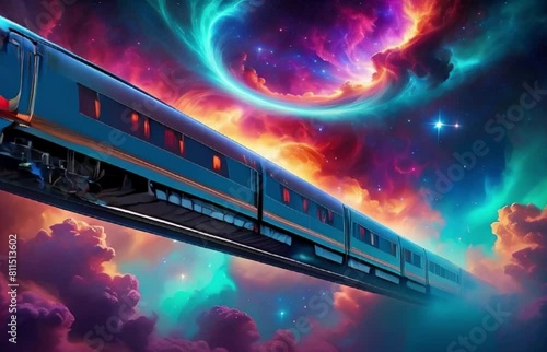 Intergalactic train in space, a magical futuristic train going through the space bypassing galaxies, stars and planets in the sky, interstellar space shuttle train Generative AI photo