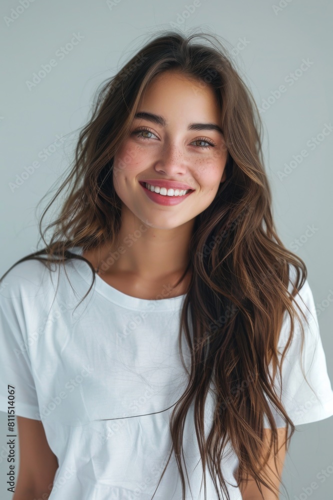 Woman wearing white tshirt mockup created with generative AI Woman wearing white tshirt mockup created with generative AI