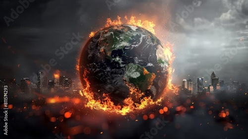 Conceptual Illustration of a Collapsing Earth Globe  Burning and Destroyed by Fire  Symbolizing the Devastating Impact of Global Warming Driven by Excessive Industrial and Financial Activities