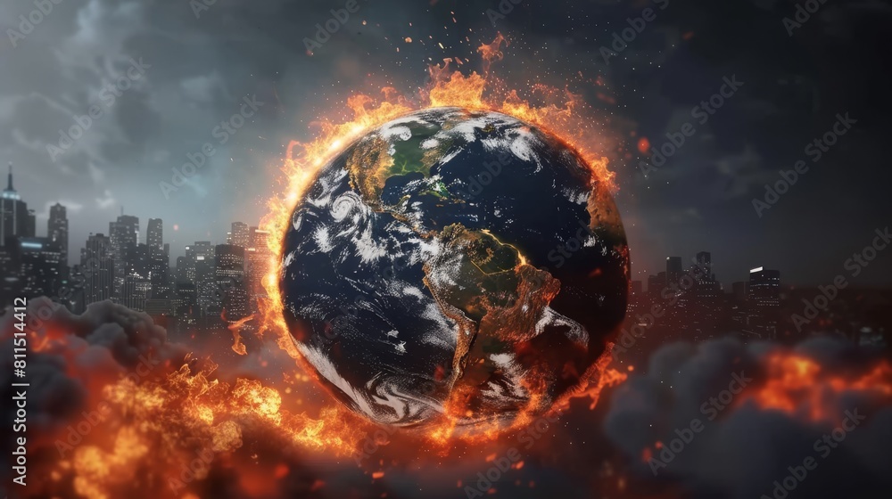 Conceptual Illustration of a Collapsing Earth Globe, Burning and Destroyed by Fire, Symbolizing the Devastating Impact of Global Warming Driven by Excessive Industrial and Financial Activities Conceptual Illustration of a Collapsing Earth Globe, Burning and Destroyed by Fire, Symbolizing the Devastating Impact of Global Warming Driven by Excessive Industrial and Financial Activities