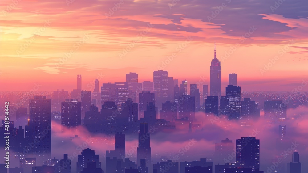 Obraz premium A city skyline with a pink and purple sky