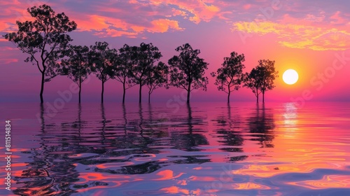 Lakeside Sunset Scenery with Tree Silhouettes Reflecting in the Water
