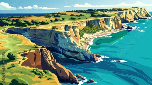 A computer generated image of a beach with a cliff in the background photo