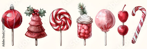 christmas tree decoration,
 Set of hand drawn watercolor Christmas candies photo