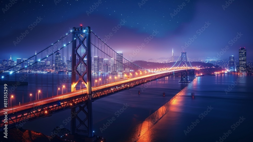 A bridge over a body of water with a city in the background