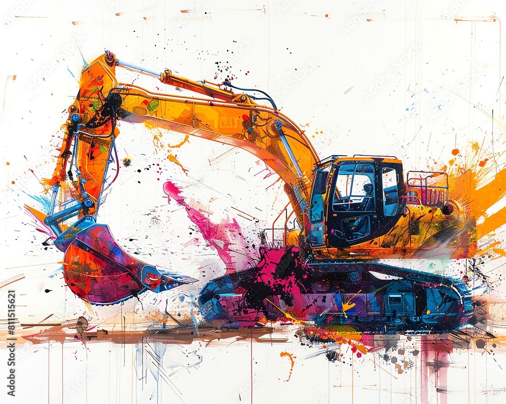 Abstract expressionist style painting of an excavator, splashes of vibrant colors emphasizing motion and energy, on white Abstract expressionist style painting of an excavator, splashes of vibrant colors emphasizing motion and energy, on white