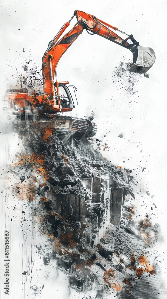 Action shot of an excavator at work, showcasing dynamic earth moving, with a dramatic, high-speed blur effect on white Action shot of an excavator at work, showcasing dynamic earth moving, with a dramatic, high-speed blur effect on white