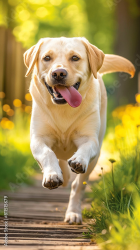 The playful Labrador retriever bounds through sun-kissed meadows, tongue lolling in pure joy.